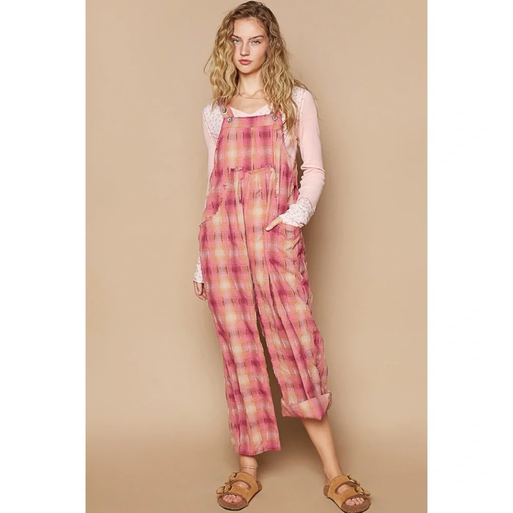 POL Red Pink Washed Cotton Plaid Overalls - Picture 4 of 7